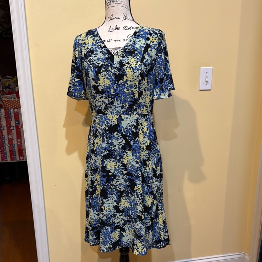 Talbots Floral Blue and Yellow Dress with Flutter Sleeves, 6
